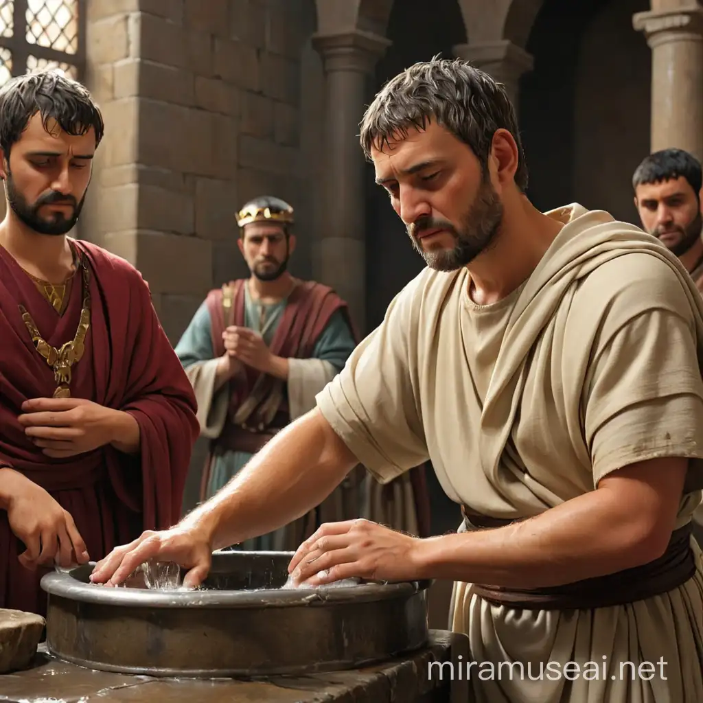 Pontius Pilate washing his hands, he is grieved 