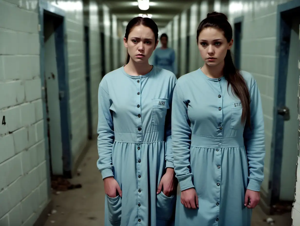 Two of busty prisoner woman (20 years old, same dress) stand (far from each other) in a prisoncorridor in dirty ragged paleblue longsleeve midi-length buttoned gowndress (, a "438" label on chestpocket, brunette low pony hair, collarless, roundneck, sad and ashamed ), look into camera