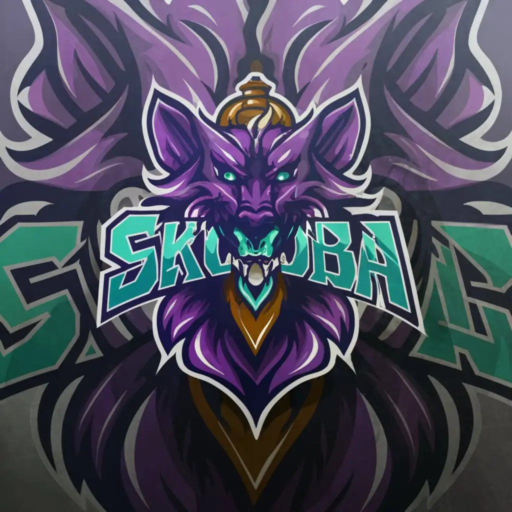 a logo design,with the text "SkooBa", main symbol:A dragonwolf/ axe/ green/ purple/,complex,clear background
