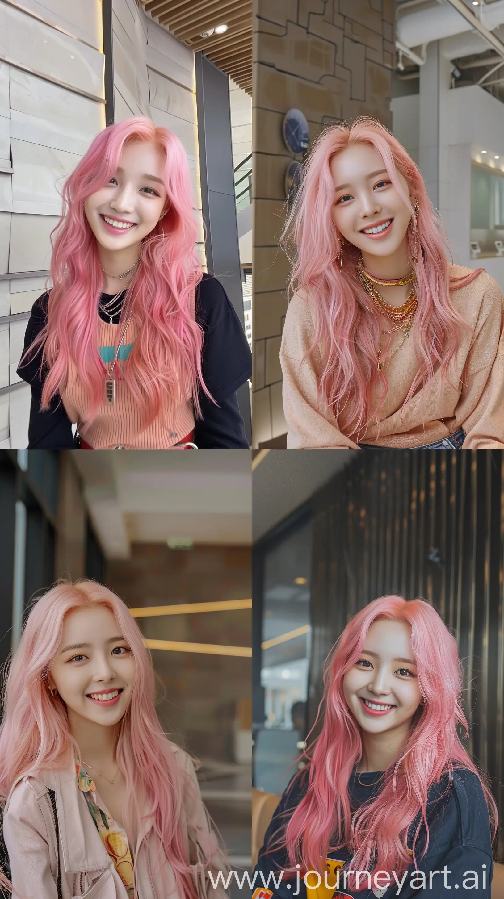 aesthetic casual photo, Blackpink's Lisa, pink hair, cute clothes, modern wall background，happy smile --ar 9:16 --v 6 --ar 1:1
