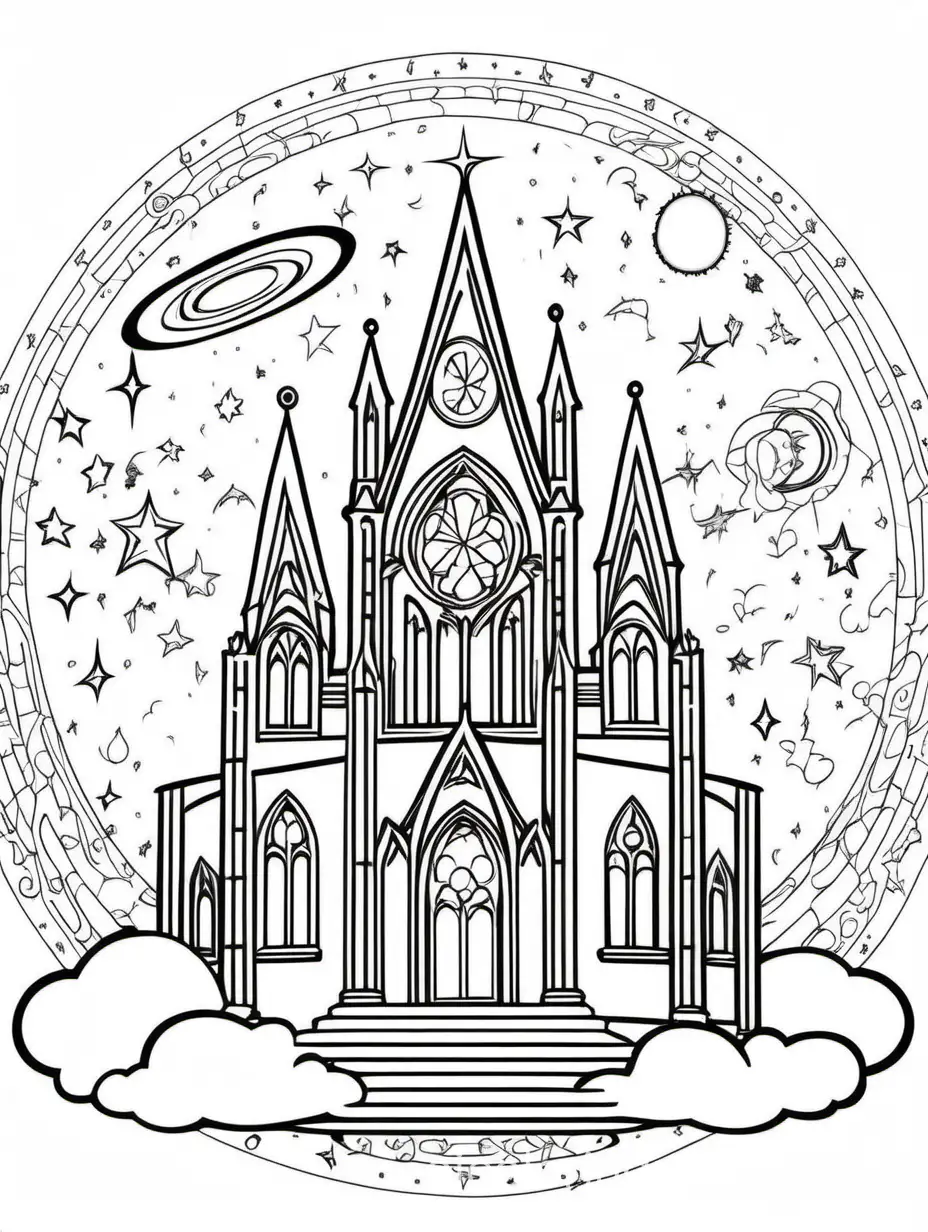 a simple drawing of a cathedral floating among the stars on a cloud, show the cosmic abode of the divine in religious cosmology. Decorate the cathedral with celestial symbols and motifs. make it simple with not too many lines. add some stained glass windows, Coloring Page, black and white, line art, white background, Simplicity, Ample White Space. The background of the coloring page is plain white to make it easy for young children to color within the lines. The outlines of all the subjects are easy to distinguish, making it simple for kids to color without too much difficulty
