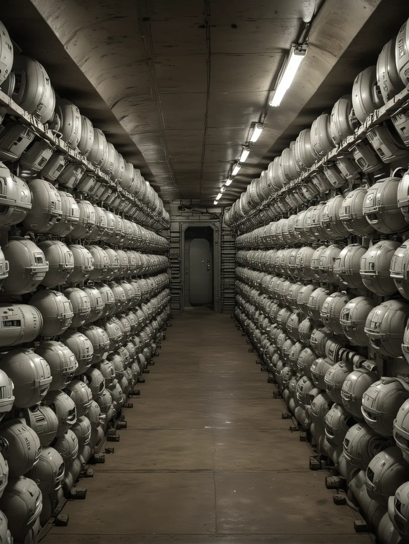 lot of hypersleep capsules, like in alien movie,  in an underground bunker, symmetrically placed
