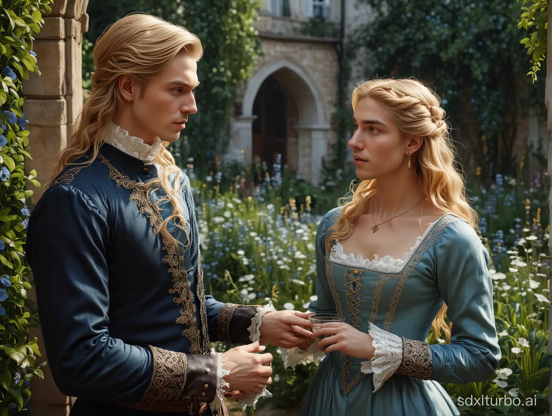 A handsome tall blond man of 35 with thick (((long))) hair, gray eyes, in a beautiful rich medieval camisole of brown color with gold buttons talks something to a slender strict lady-teacher of about thirty with reddish-blond hair, gathered in a hairdo, in a very closed dark blue  longsleeve -dress with a white lace collar and white lace cuffs. There is a beautiful green garden around, perfect composition, beautiful detailed intricate insanely detailed octane render trending on artstation, 8 k, photorealistic concept art, soft natural volumetric cinematic perfect light, chiaroscuro,  masterpiece, greg rutkowski