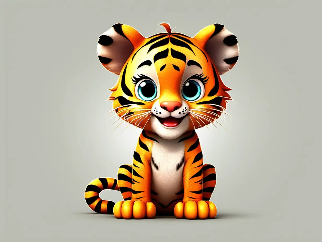 Friendly Animated Baby Tiger in Cartoon Style on White Background