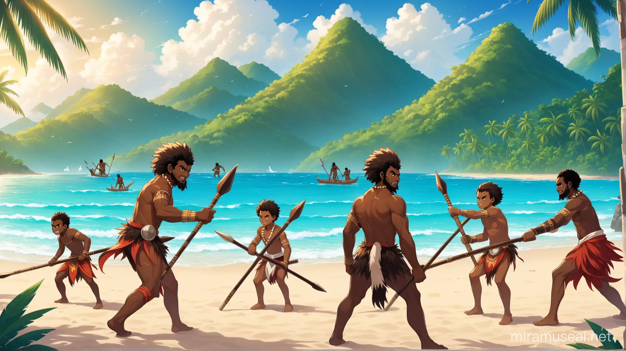 Personnes mélanésiennes de type masculin de tout âge (entre 15ans et 30 ans) devant la mer, sur la plage avec des lances et des casse-têtes (originaire de Mélanésie) se préparant à l'attaque de face à une montagne, avec un style wakfu