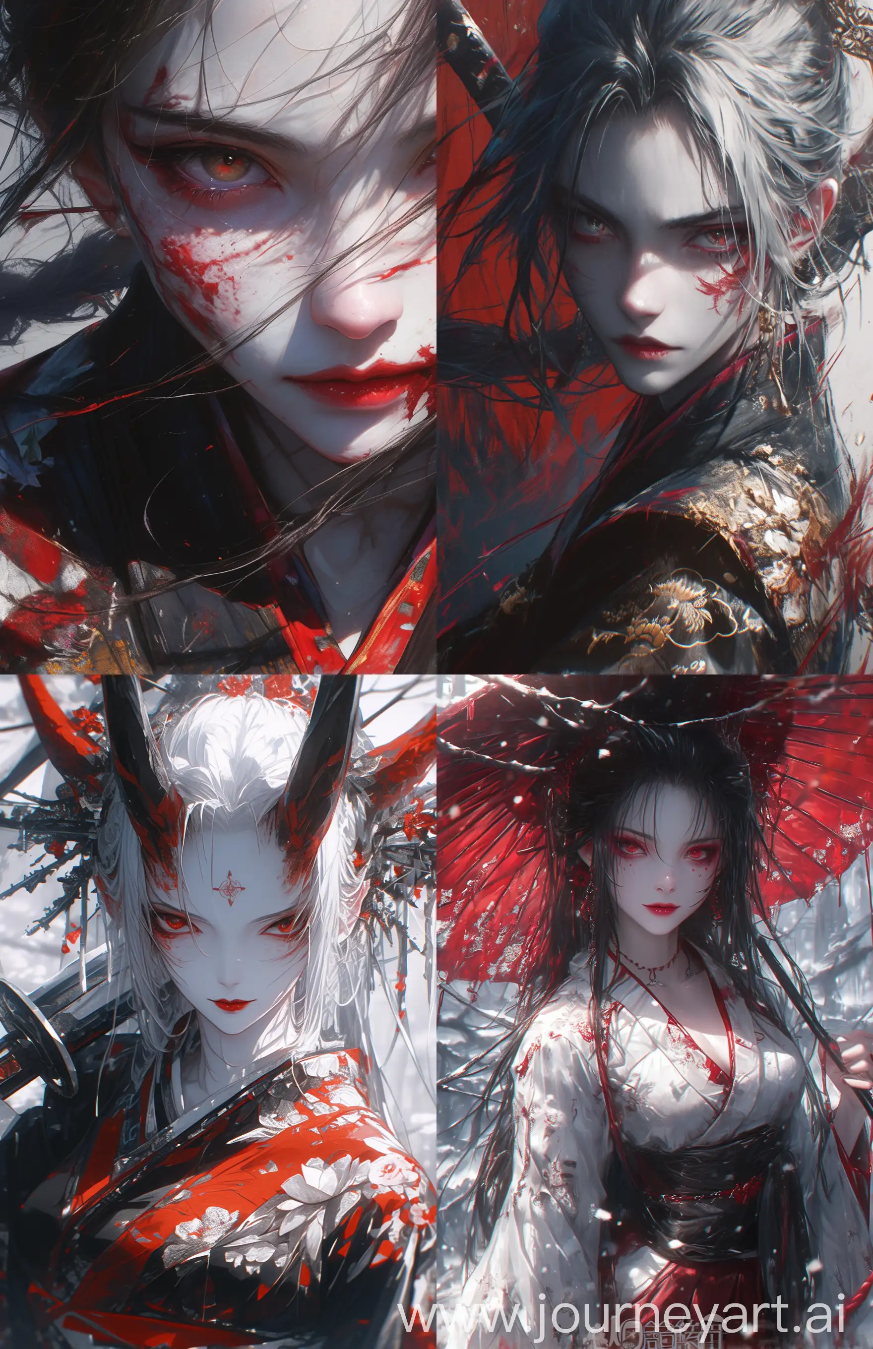 painting, fantasy, japan, anime, in the style of realistic hyper-detailed rendering, dark white and red, 32k uhd, expressive eyes, detailed character illustrations, hyper-realistic details, dynamic outdoor shots --ar 24:37 --stylize 750 --niji 6