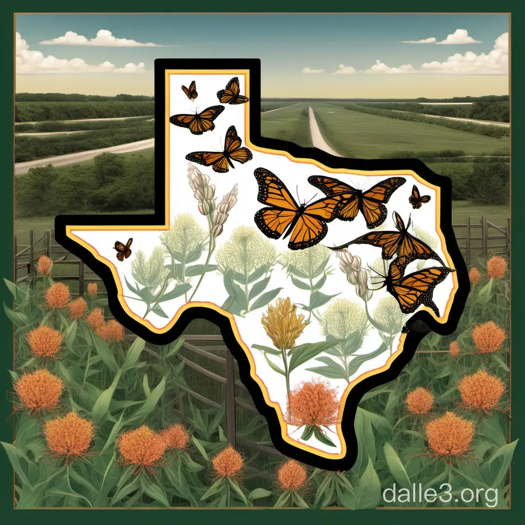 The shape of Texas filled with a landscape view with Milkweed and monarchs in the front asking the southern border of the image