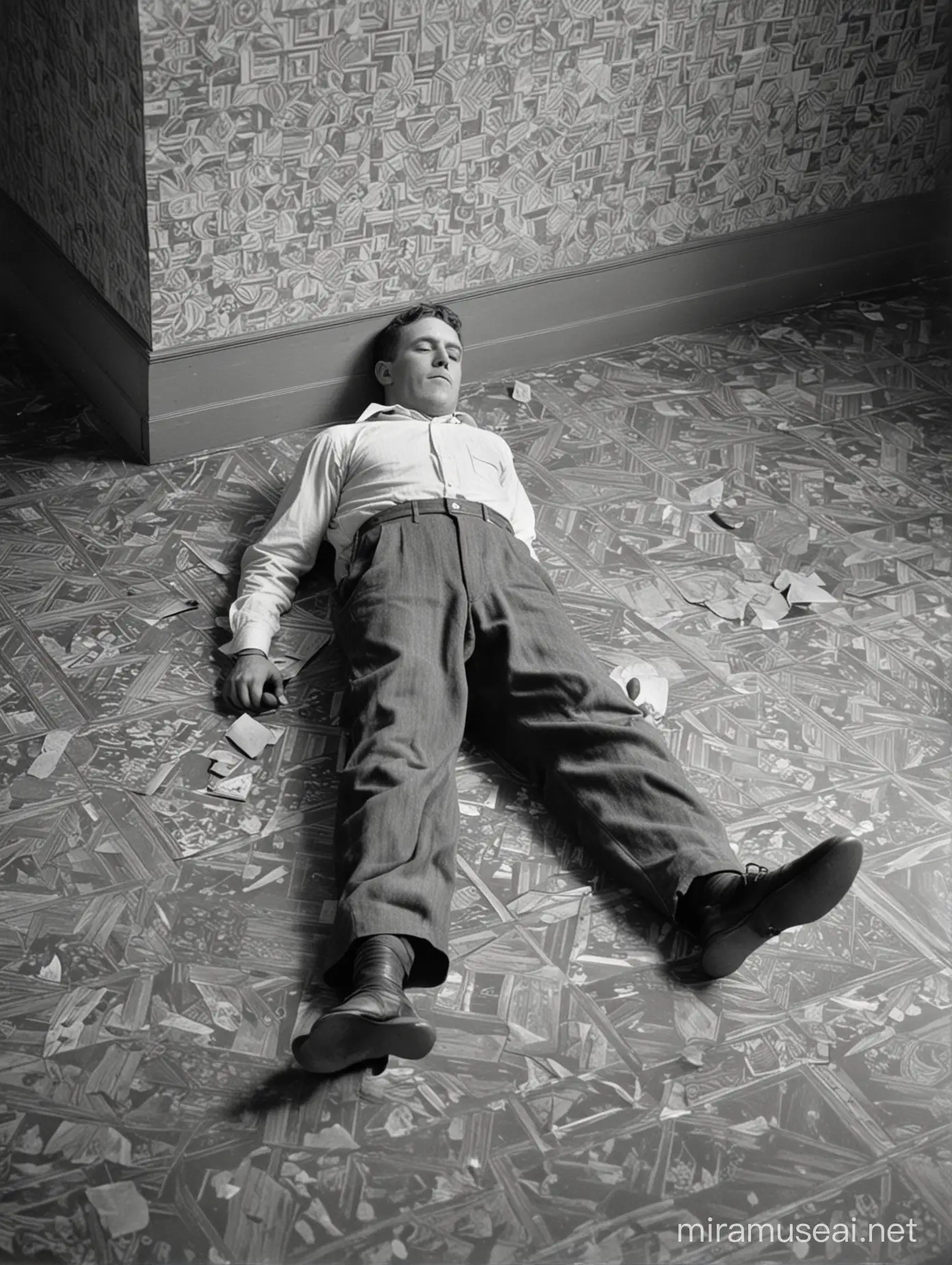 1930 Worker Exhausted in Wallpapered Room of Large House