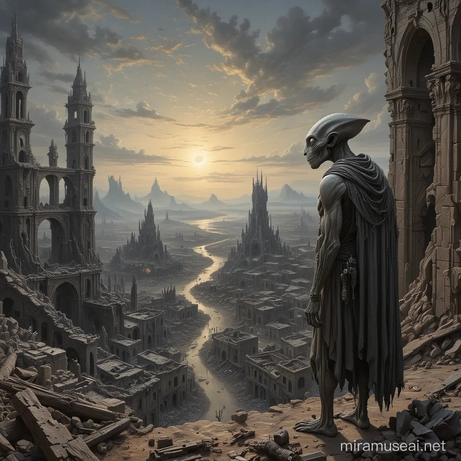 A gray alien surveying a ruined city on Earth, oil painting, detailed, in the style of Gustave Dore