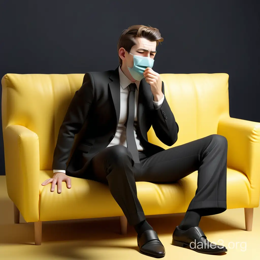 穿黑色西装西裤 带一次性口罩  商务男士  直立坐黄色沙发上 手捂着嘴 咳嗽  侧面全身图