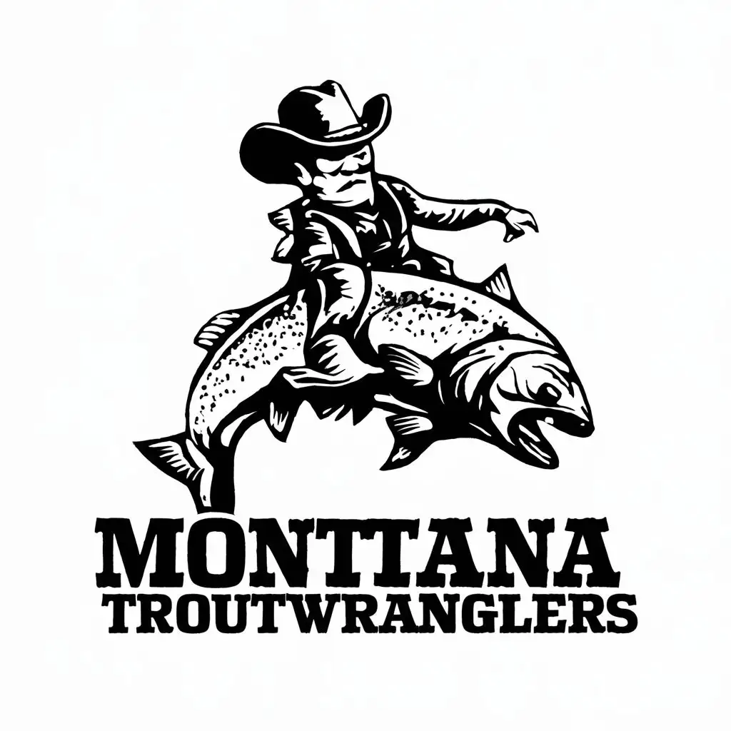 A logo for a fly fishing business in Montana named "Montana Troutwranglers". Have a cowboy riding a bucking trout. 