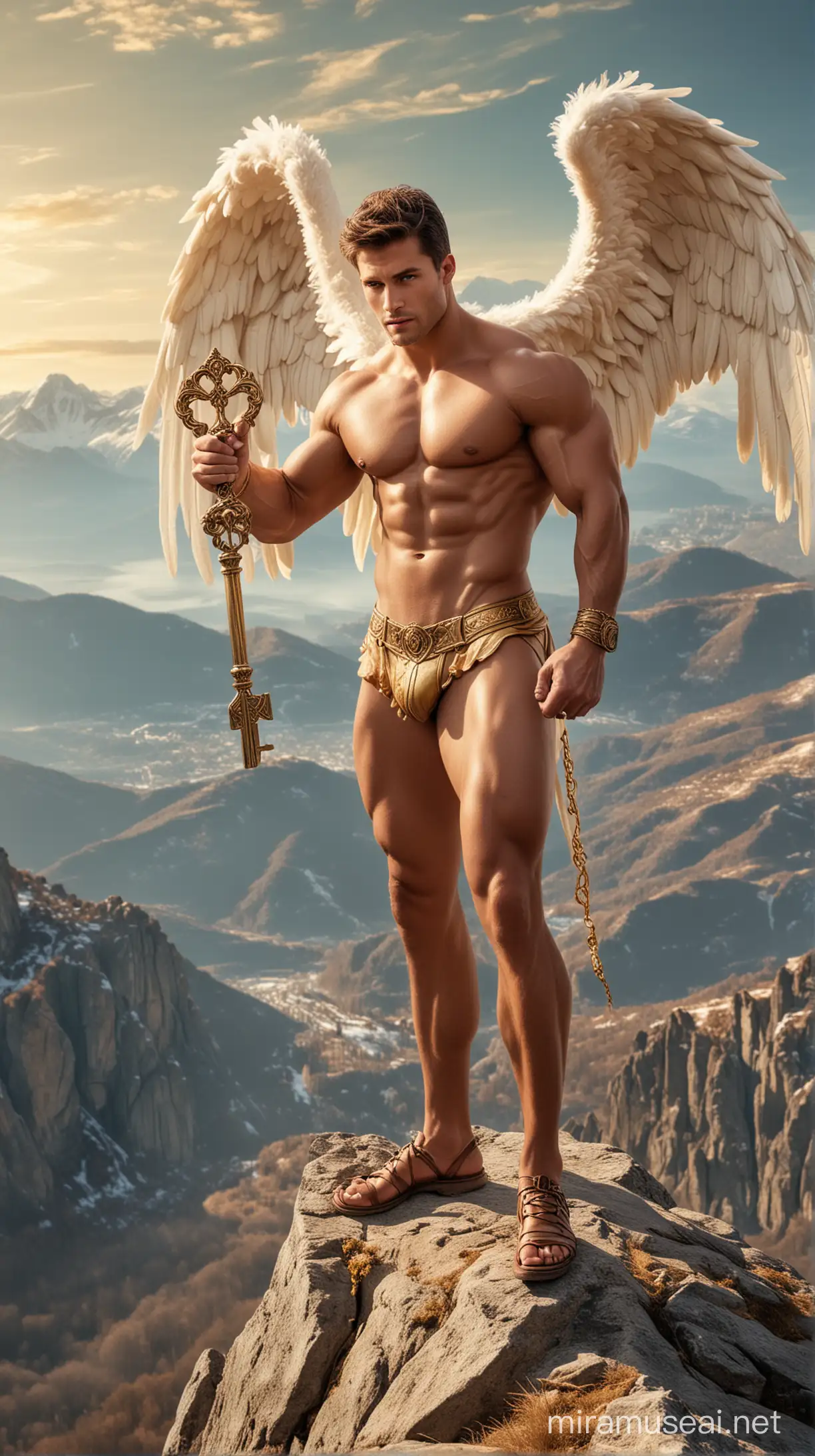 muscular male angel standing on top of a mountain peak. subject is holding a large golden key