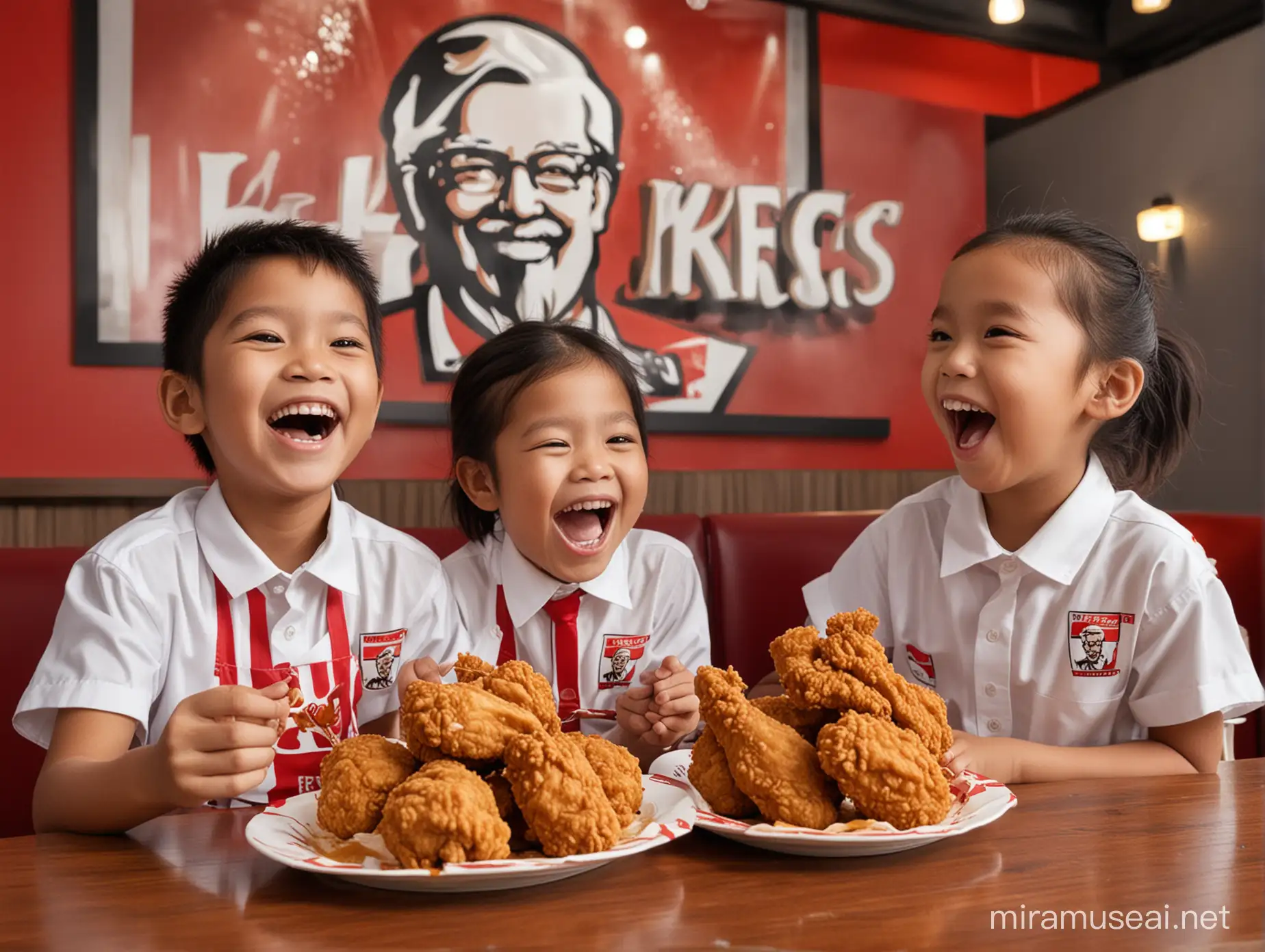 Three Malaysia children laughing with KFC fried chicken in KFC restaurant