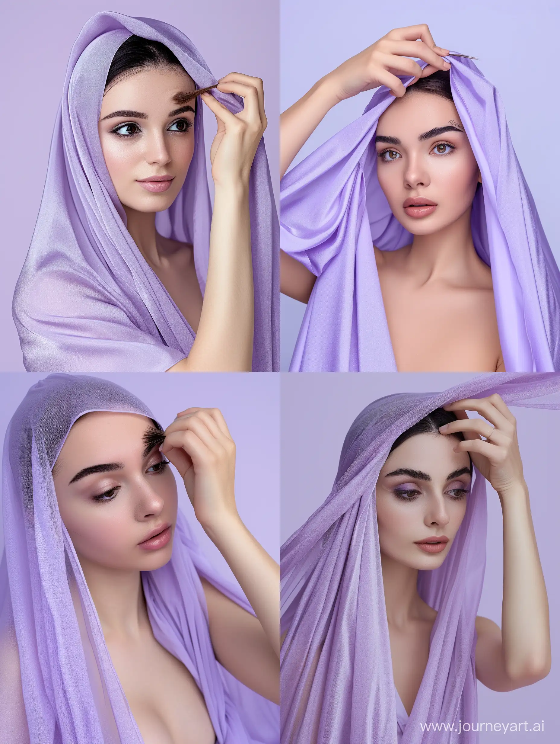 a beautiful thin woman who wear a purple nice clothe which covers all of her body and none part of her body has been shown who taking care of her eyebrow whose hair is not much shown, retouch, real, detail, 4k, black hair and eyes, white skin, in a monocrome simple light purple background, three quarter view