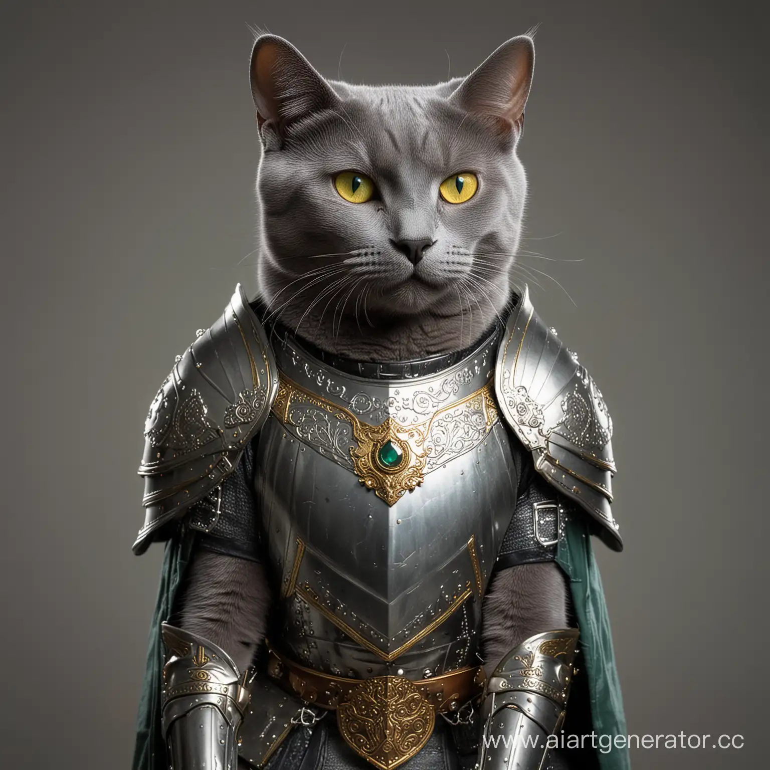 Grey cat Russian blue, with green-yellow eyes, in paladin armor, waist high, proud pose