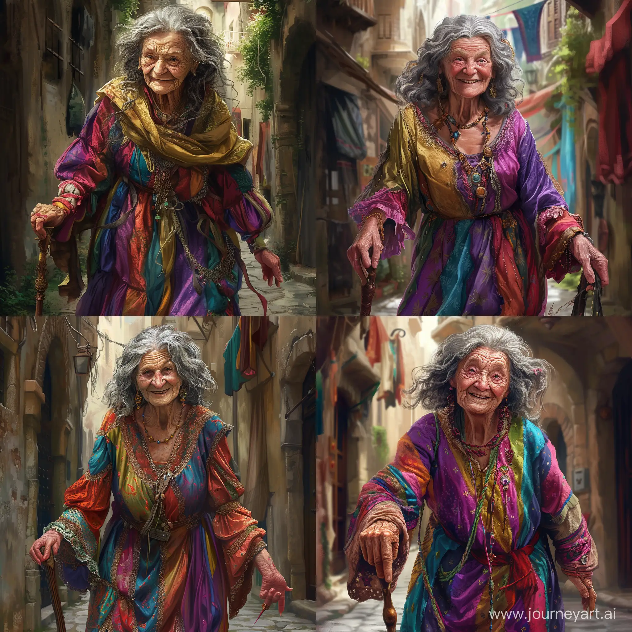 Draw a character from the Dungeons and Dragons universe according to the following description: She is an elderly human woman dressed in colorful gypsy clothes. She has wavy gray hair on her head and a soft joyful smile. Her old wrinkly face radiates wisdom and kindness. 
She has a walking staff in her hand, as she makes way through an alleyway.