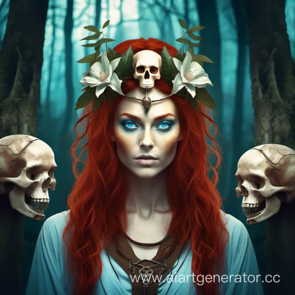 Рыжая девушка друид с черепом на голове, голубые глаза, лес
