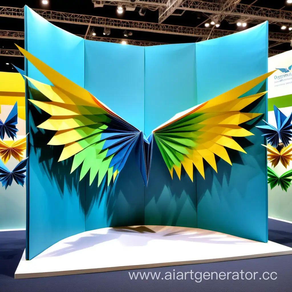 фотозона на выставочном стенде с крыльями в стиле оригами, цвет синий, зеленый, желтый