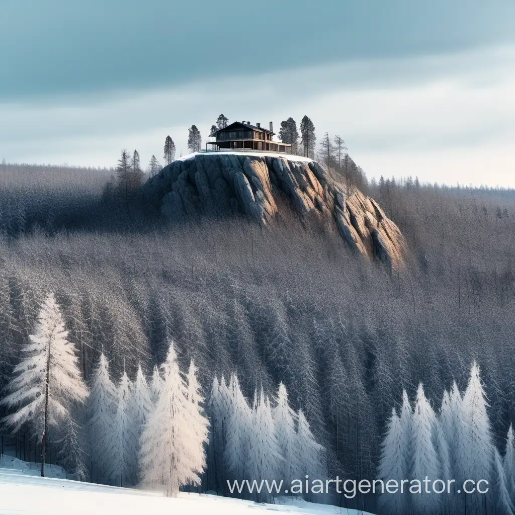 a house on top of a large rocky hill overgrown with pine forest in the middle of the winter taiga, a view from afar
