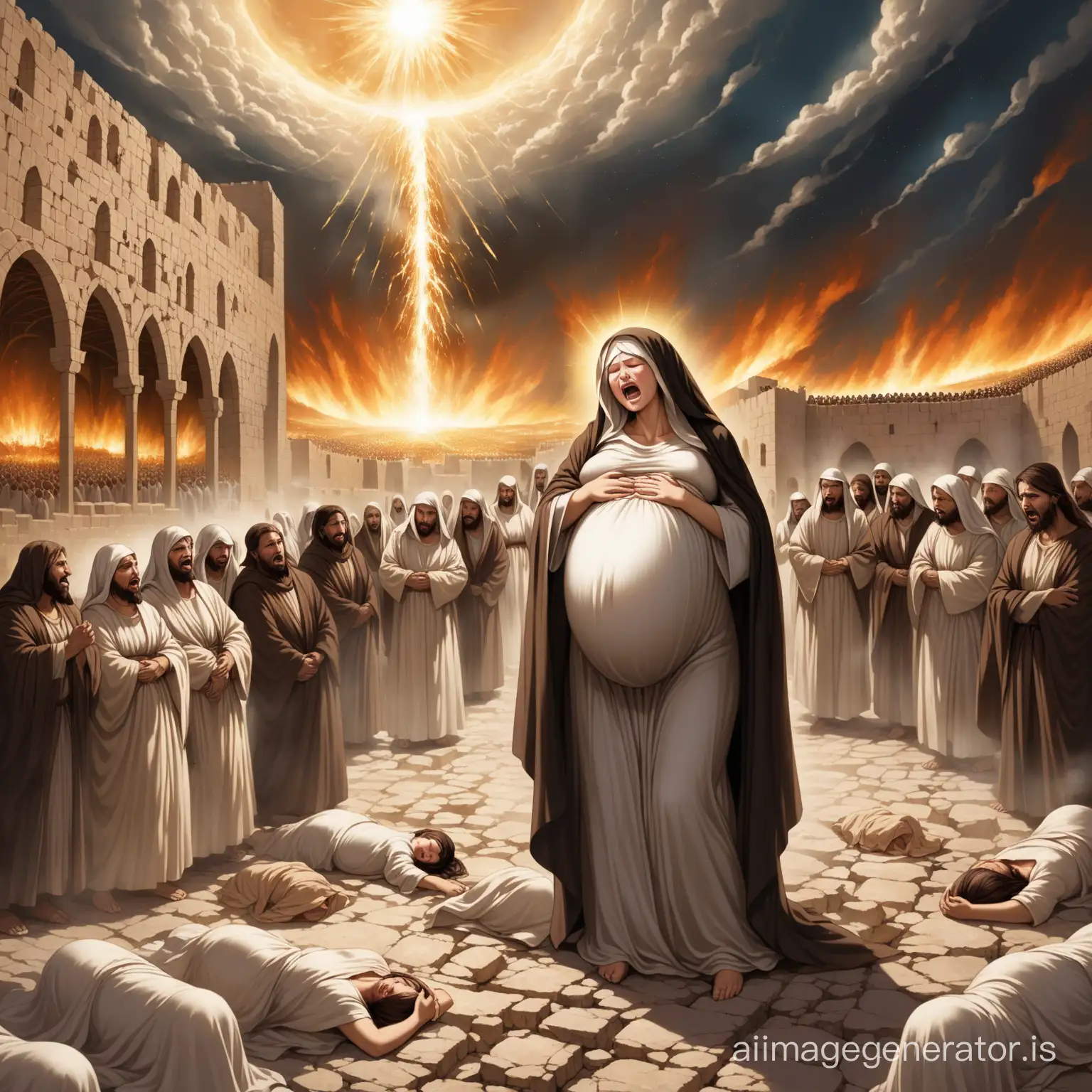 Prophecy by Jesus of the Destruction of Jerusalem . Pregnant woman crying of suffering in the middle of caos.