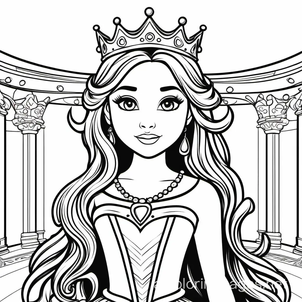 a beautiful princess with long hair, a crown, in a ballroom , Coloring Page, black and white, line art, white background, Simplicity, Ample White Space. The background of the coloring page is plain white to make it easy for young children to color within the lines. The outlines of all the subjects are easy to distinguish, making it simple for kids to color without too much difficulty