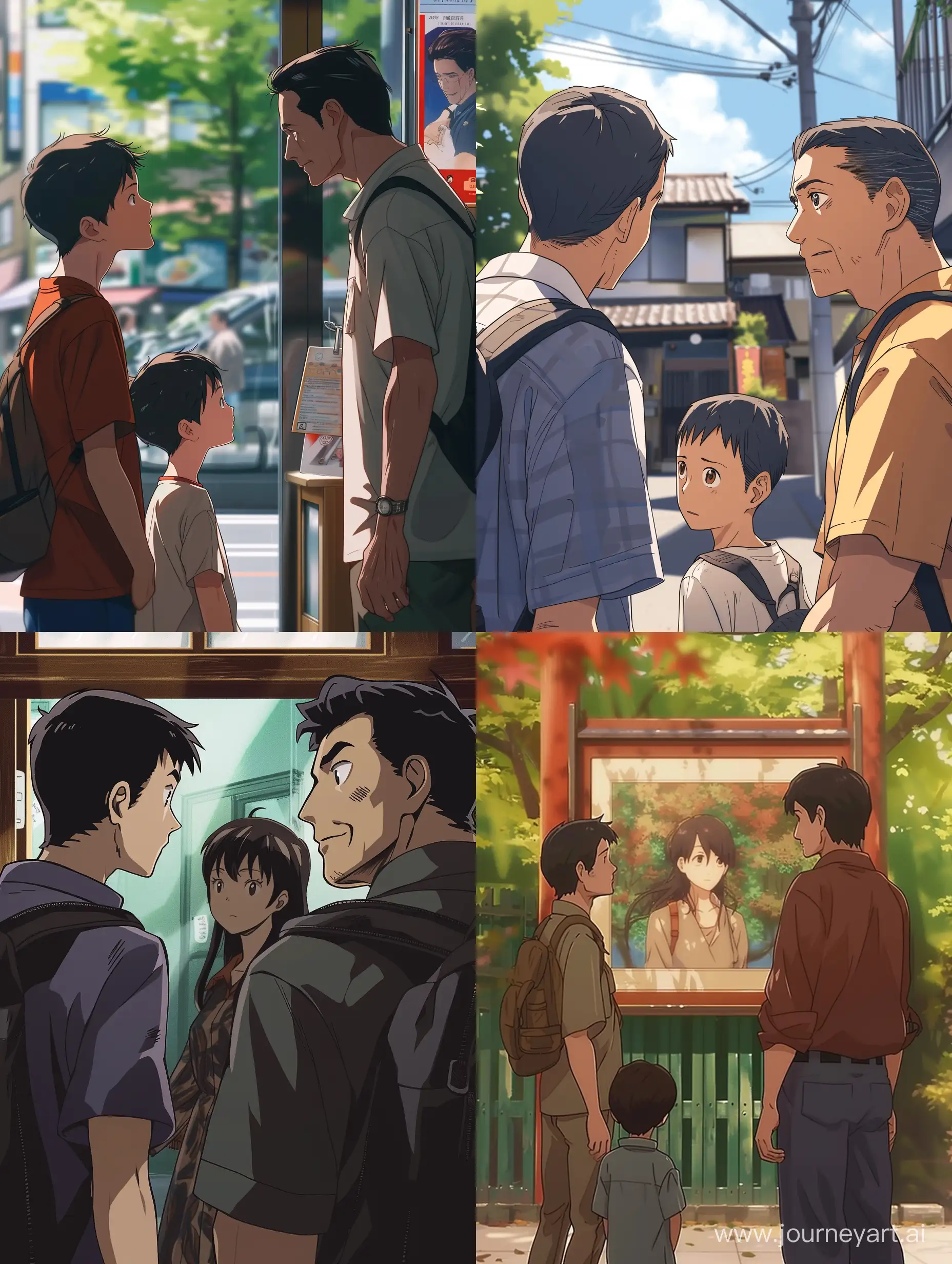 A father and a son looking at a lady in anime