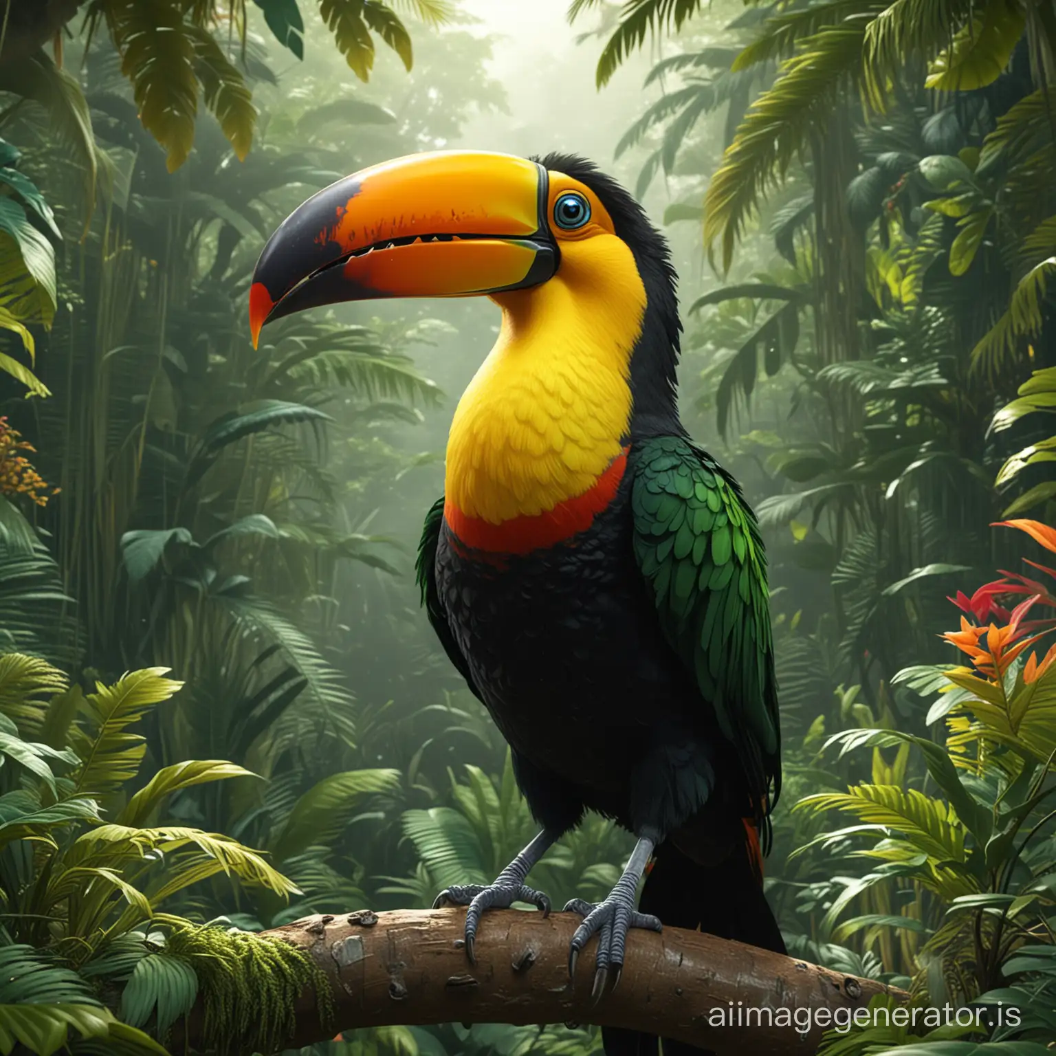 a medium quality 3d rendering of a toucan bird with heavy green feathers, cartoon style, highly detailed and realistic, sharpened details, vibrant colors, jungle setting, front view, character design, bright and colorful, digital art, CGI, animation, tropical theme