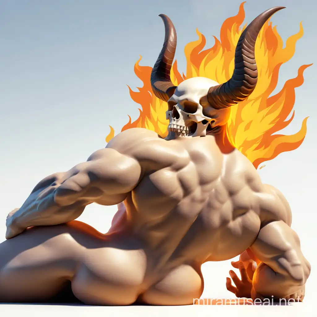 Humanoid character with a human skull for a head, smug eyes, fire around the neck and trapezius, cream horns pointing up, soft pale detailed cream white skin, wide shoulders, naked, biceps, thick thighs, rear, smooth details, detailed scenary, gluteus