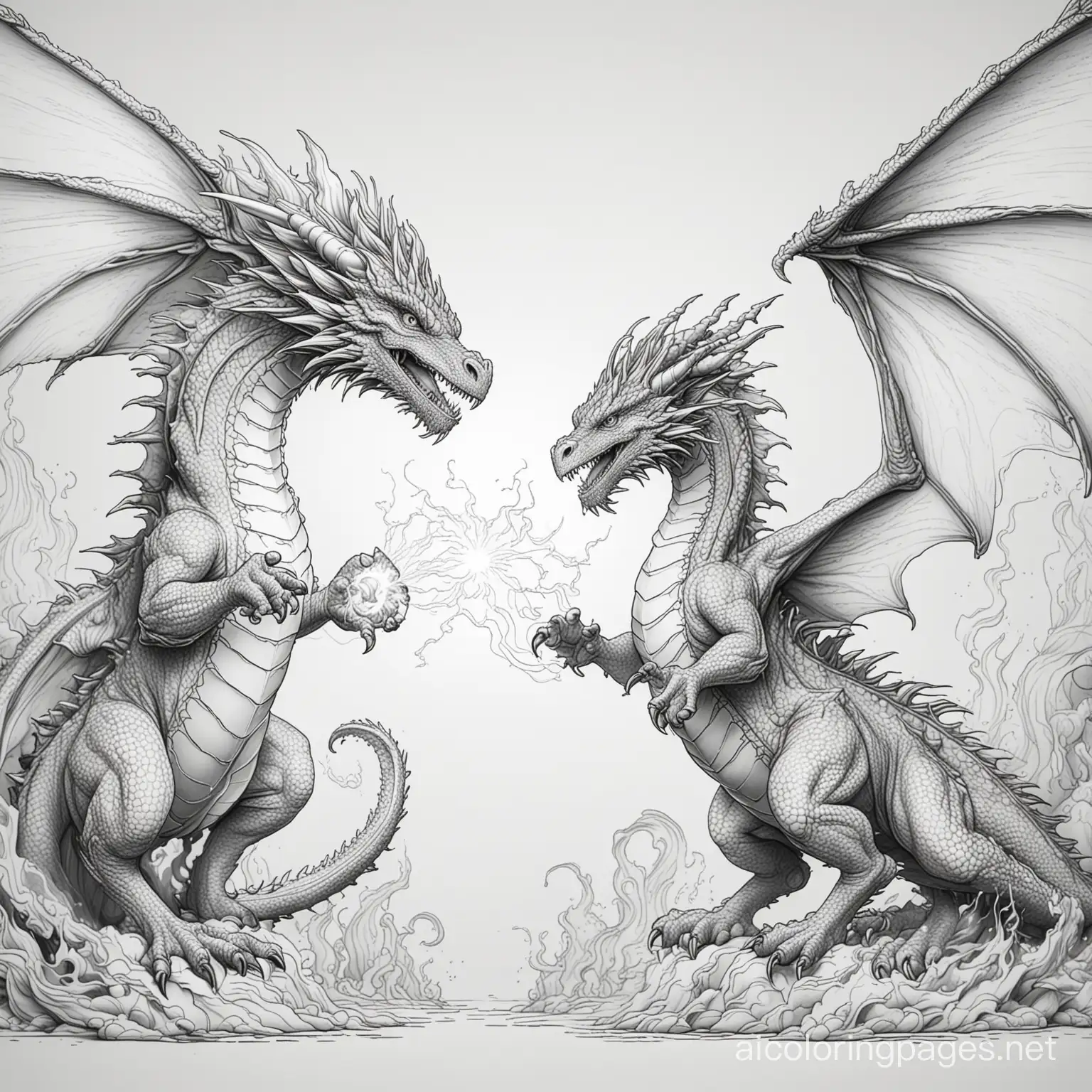 magical electric dragon versus fire dragon , Coloring Page, black and white, line art, white background, Simplicity, Ample White Space. The background of the coloring page is plain white to make it easy for young children to color within the lines. The outlines of all the subjects are easy to distinguish, making it simple for kids to color without too much difficulty
