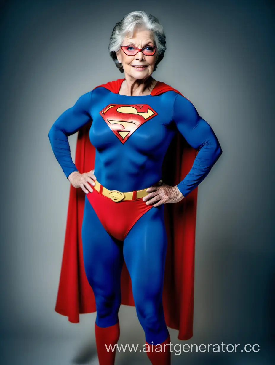 A beautiful woman, age 70, ((very muscular)), large arm muscles, large leg muscles, large chest muscles, large abdominal muscles, large breasts, strong, powerful, mighty, superhero.
Superman costume, matte spandex, blue leggings, red briefs, a long cape. 
Photo studio