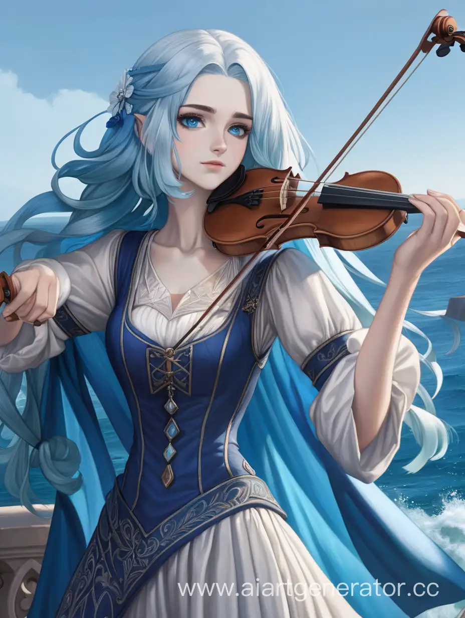 blue hair, white hair, dark blue eyes, member of the royal family, bard, girl, beautiful lady, middle ages, dnd, violin, ocean