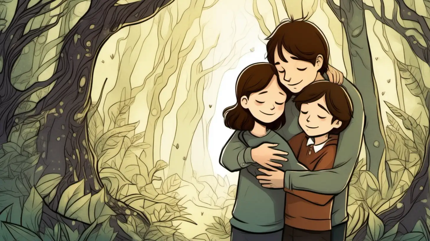 BrownHaired Boy Embracing Parents in Enchanted Forest