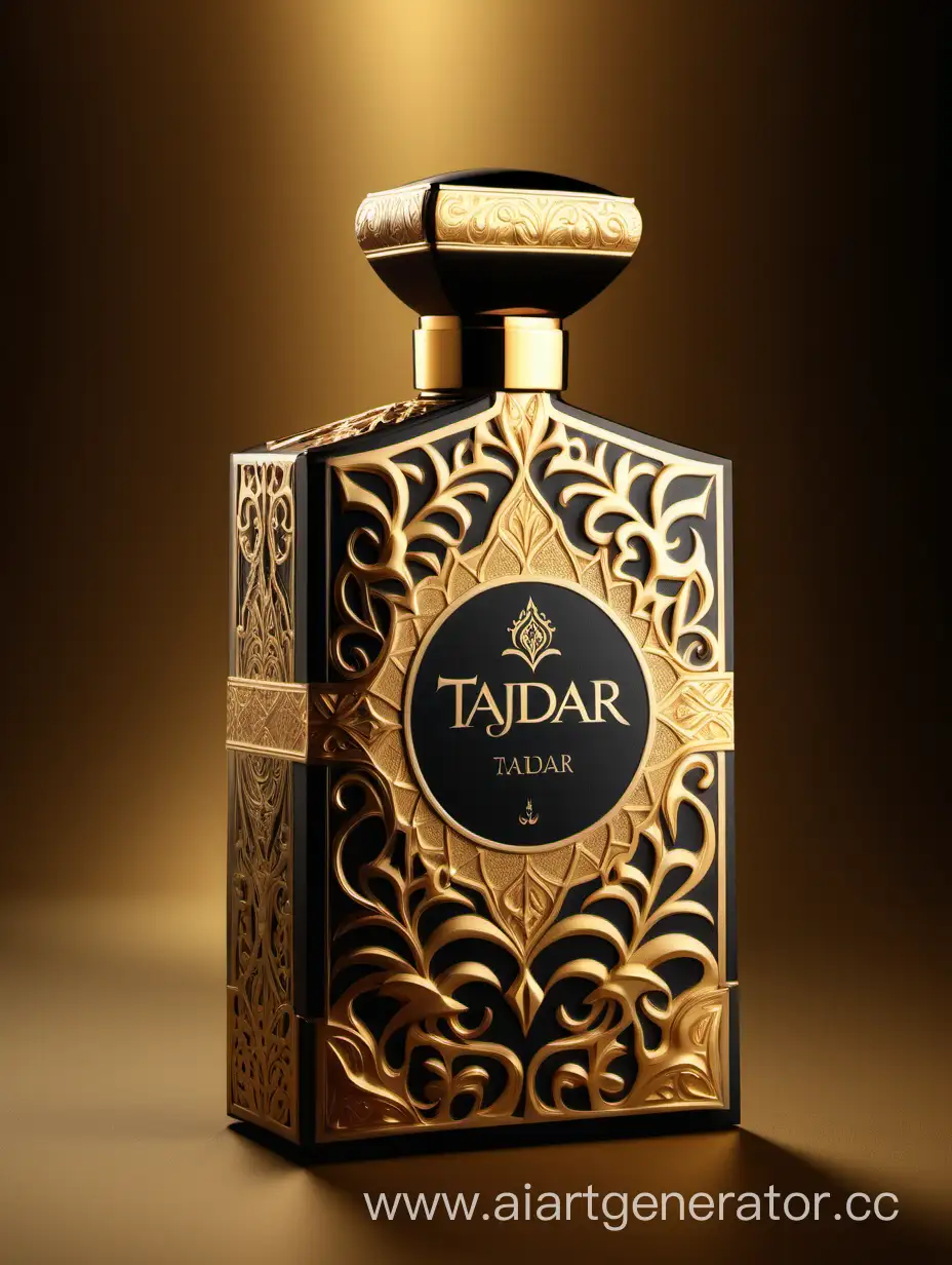 Box package design of perfume TAJDAR product, elegant, trending on artstation,   sharp focus,   studio photo,   intricate details,   highly detailed,   gold, Royal black and beige color on gold background