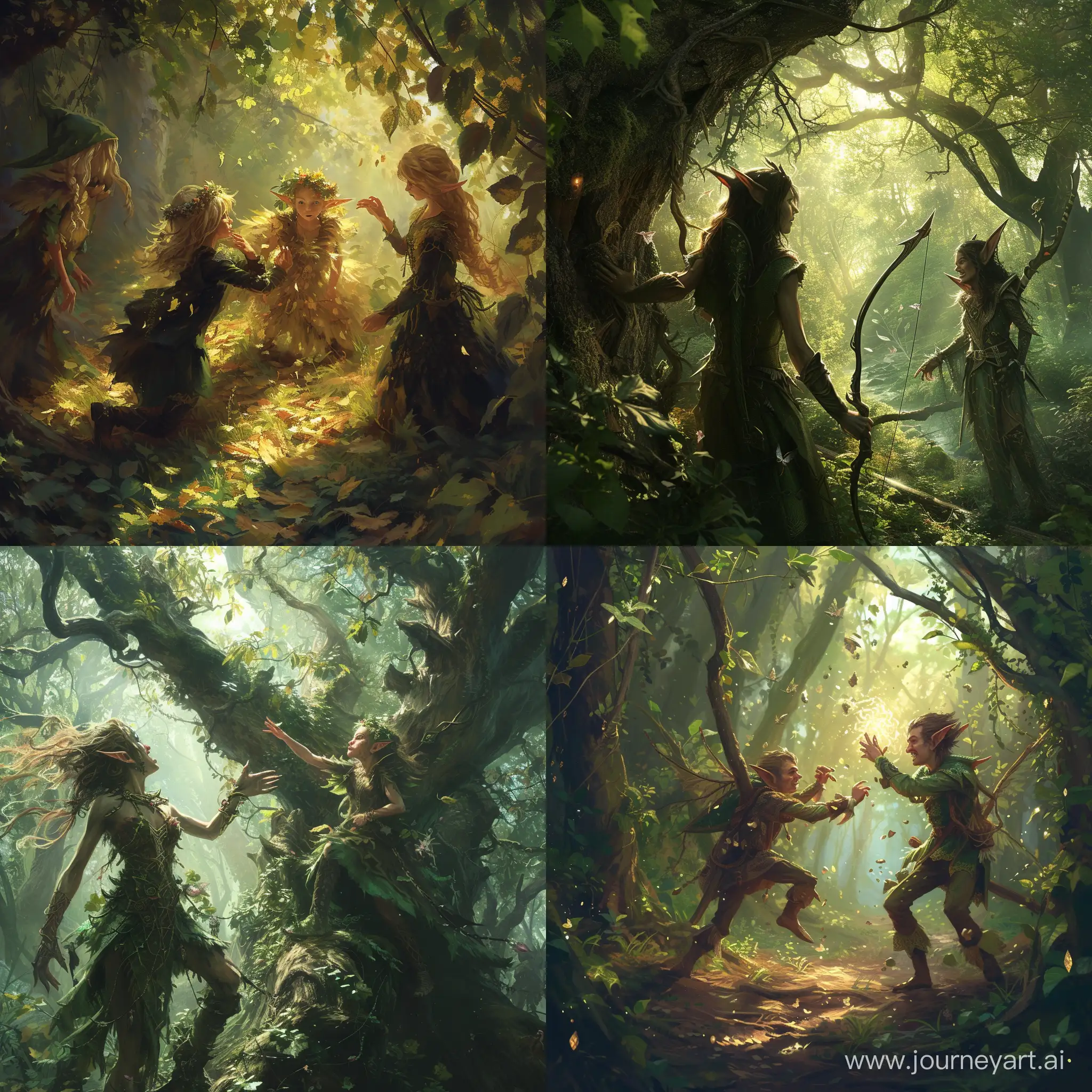 В сказочном лесу ссорится эльфы, стиль Fantasy, 4K, Realism