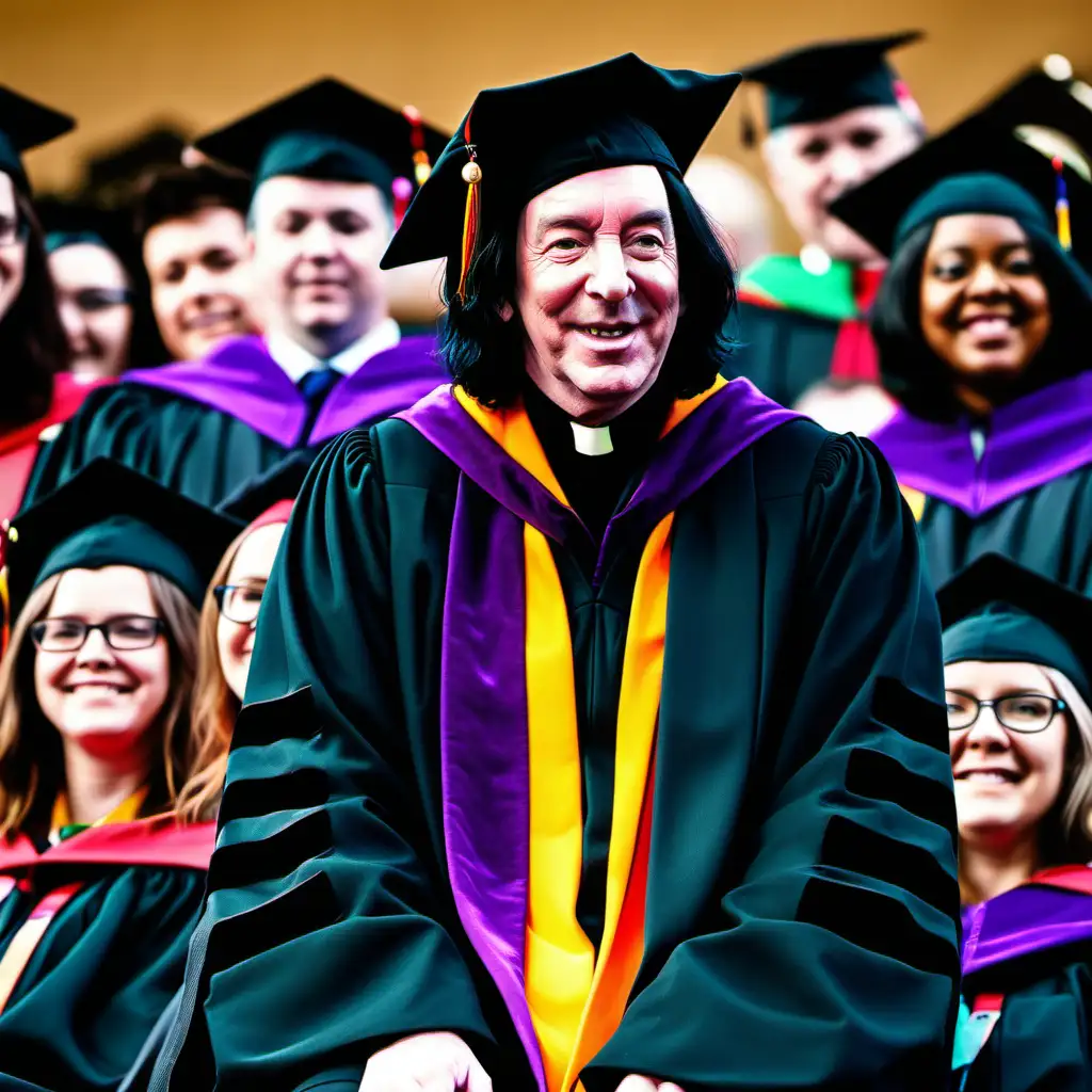Professor Snape, gloomy face, plain black robes, sitting on stage at a university graduation, surrounded by smiling academics in colourful regalia