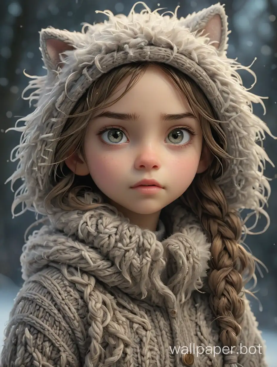 Girl with reflective wet eyes, wearing warm knitted clothing, textile art, warm fabrics, intricate stitches, handmade clothing, fur boots, full length character, side lighting, sharpness, dynamic lighting, clear, sharp focus. 32k, styled by Mark Ryden, Alessio Albi, artistic intricate scenery, intricate details.