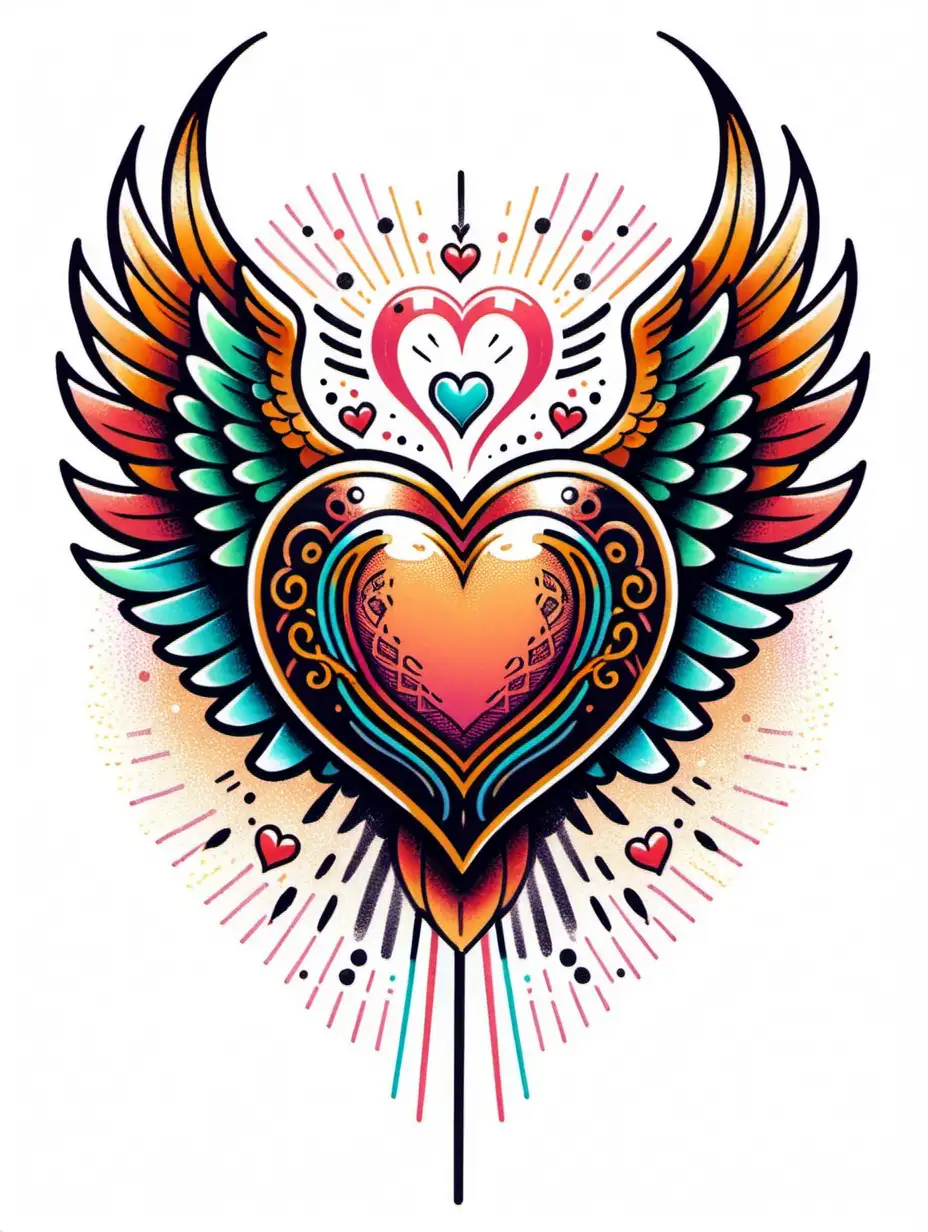 Colorful Oldschool Tattoo Heart with Wings TShirt Print on White Background