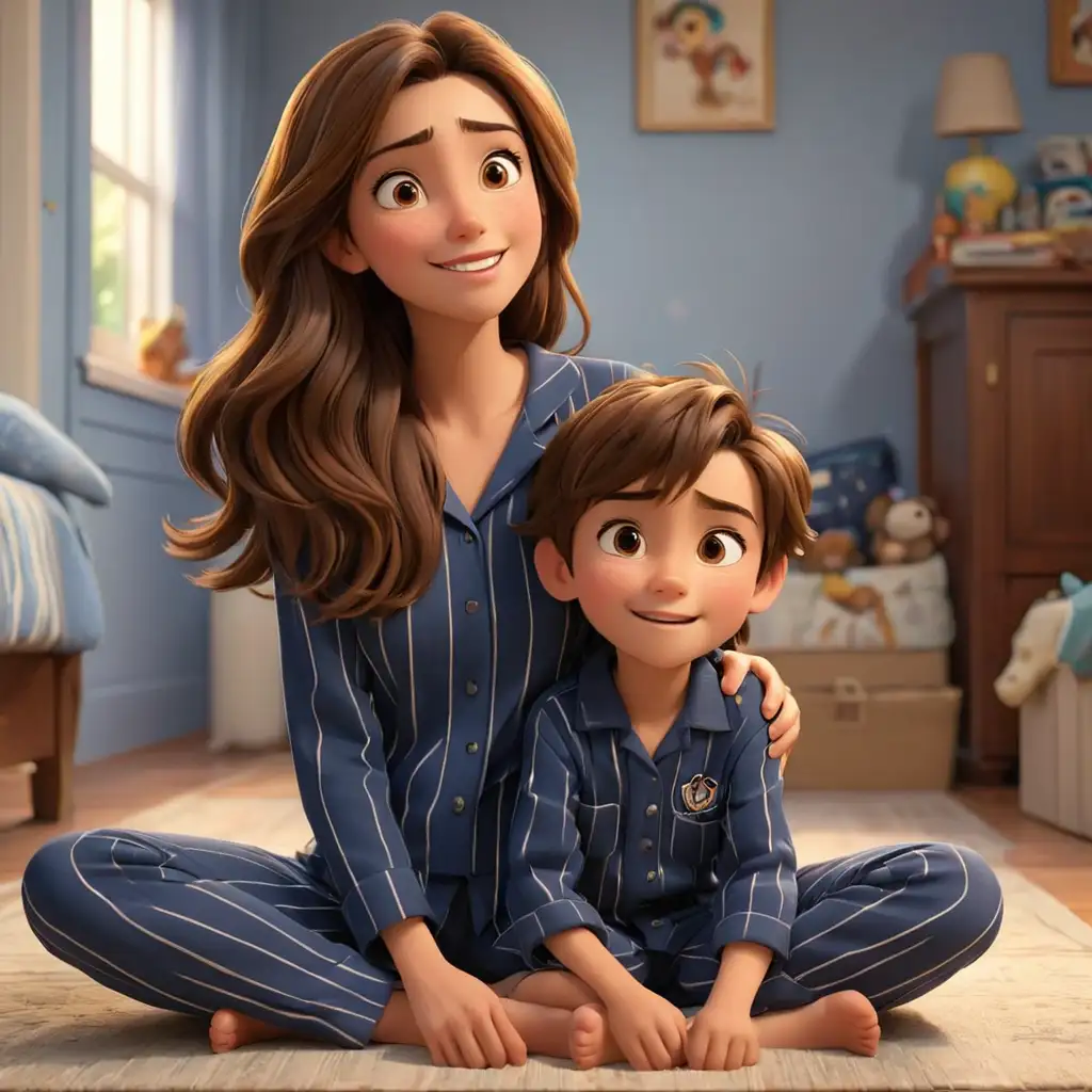 Disney pixar theme, 3d animation, beautiful mom, long straight brown hair and brown eyes, son with neat brown hair and brown eyes, sitting on the floor and looking at each other happily, wearing navy blue stripe pajamas