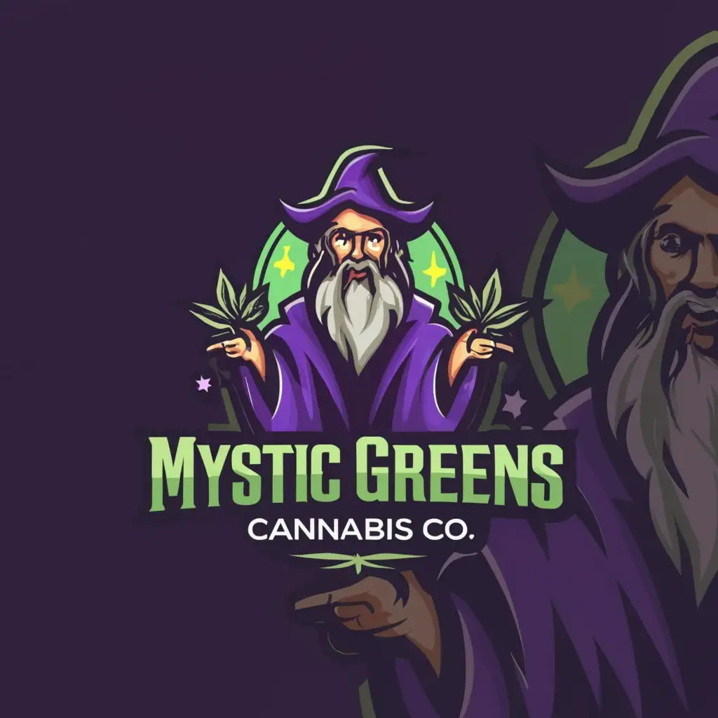 a logo design,with the text "Mystic Greens Cannabis Co.", main symbol:Marijuana, Wizard in purple,Moderate,clear background