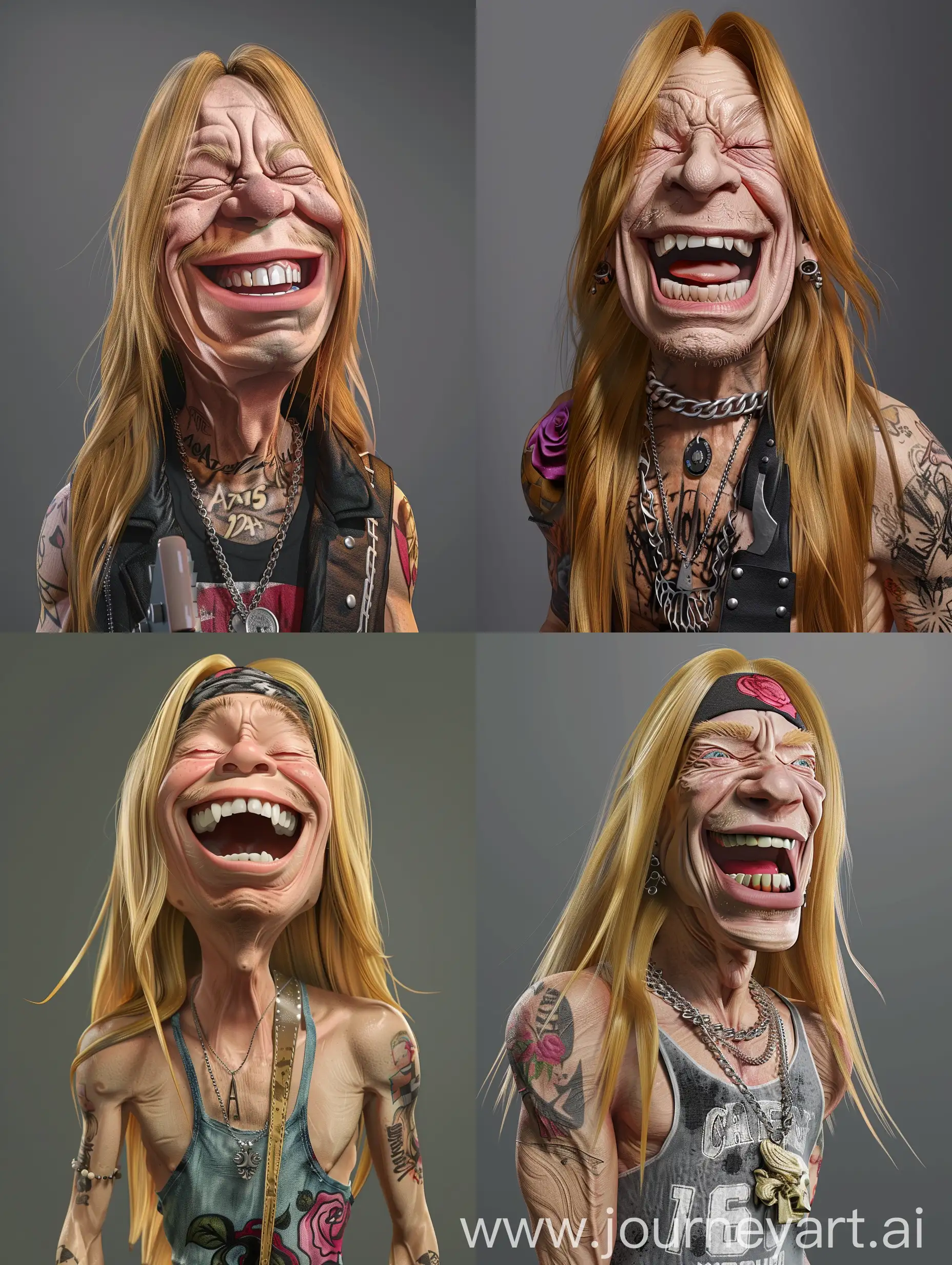 Photo realistic caricature 3d cartoon render, Axl rose, laughing, 16k, high resolution, gray background