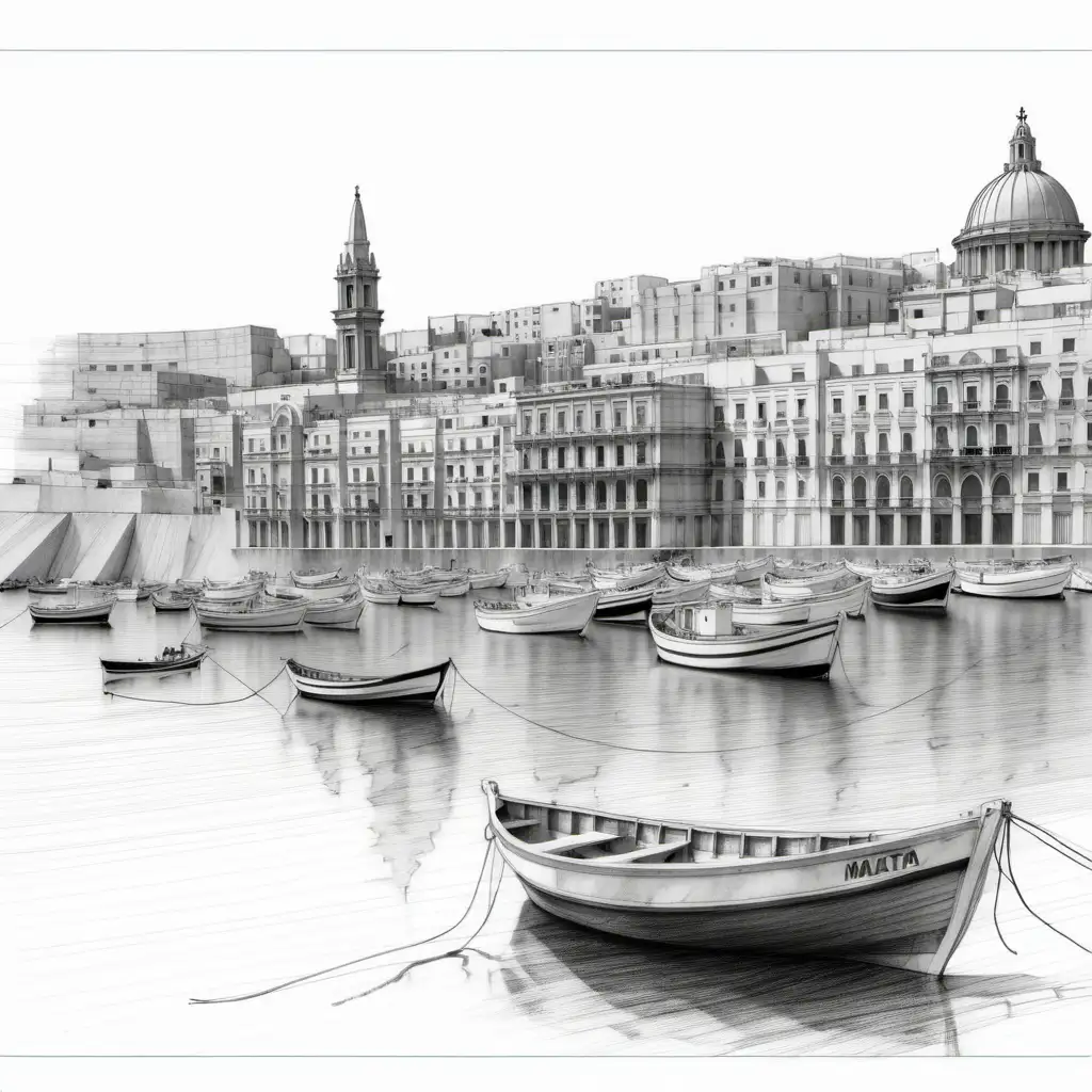 Boats in Malta Bay Valletta Serene Pencil Sketch Landscape
