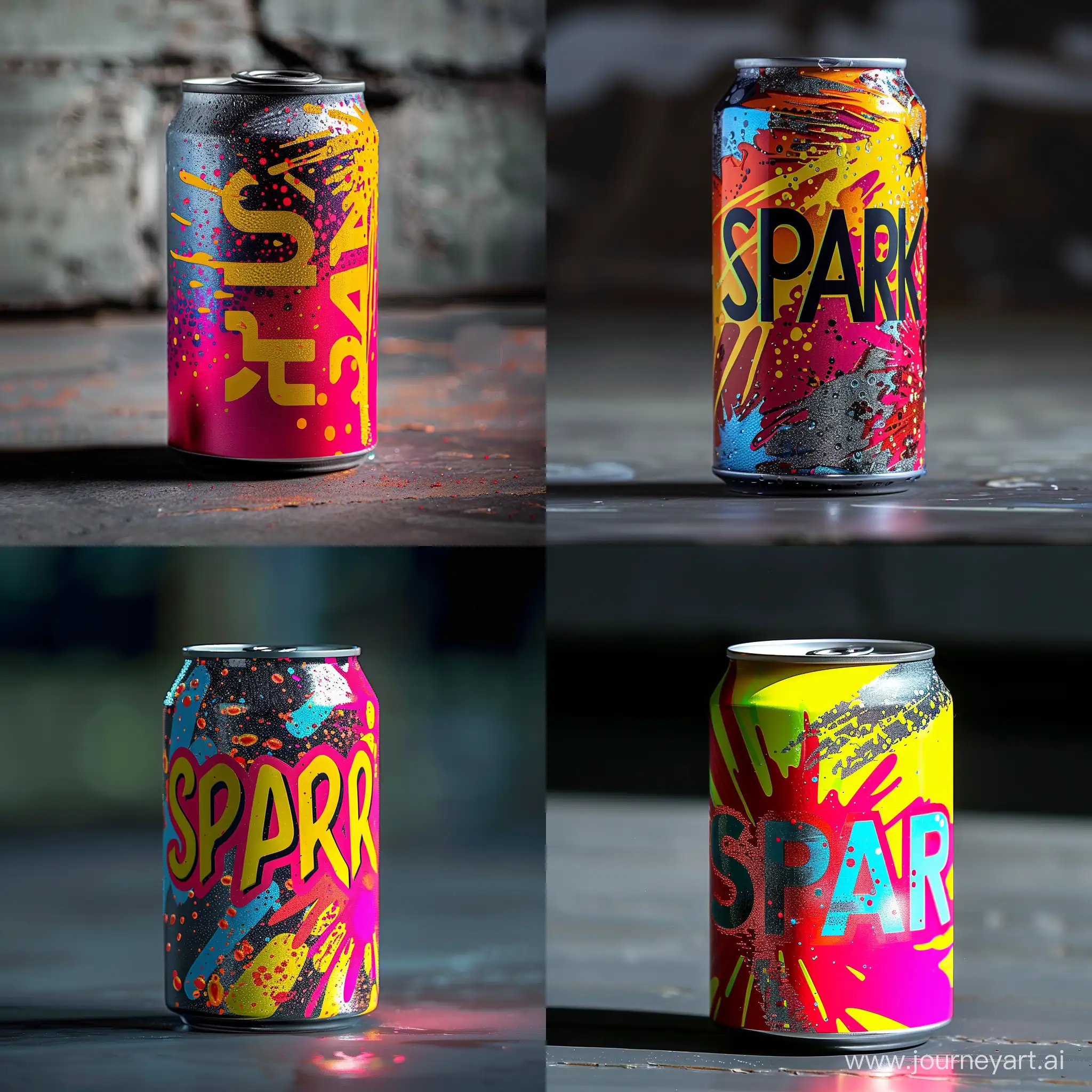 "SPARK" - бодрящий напиток, безалкогольный газированный напиток, яркая красочная банка, с взрывной наэлектризованной надписью "SPARK"