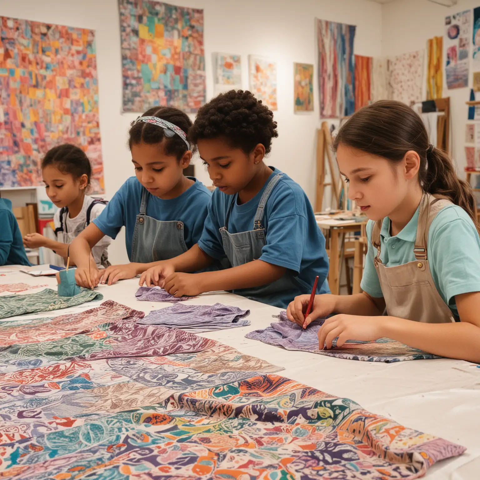 Diverse Group of Children Creating Fabric Art in a Public Studio