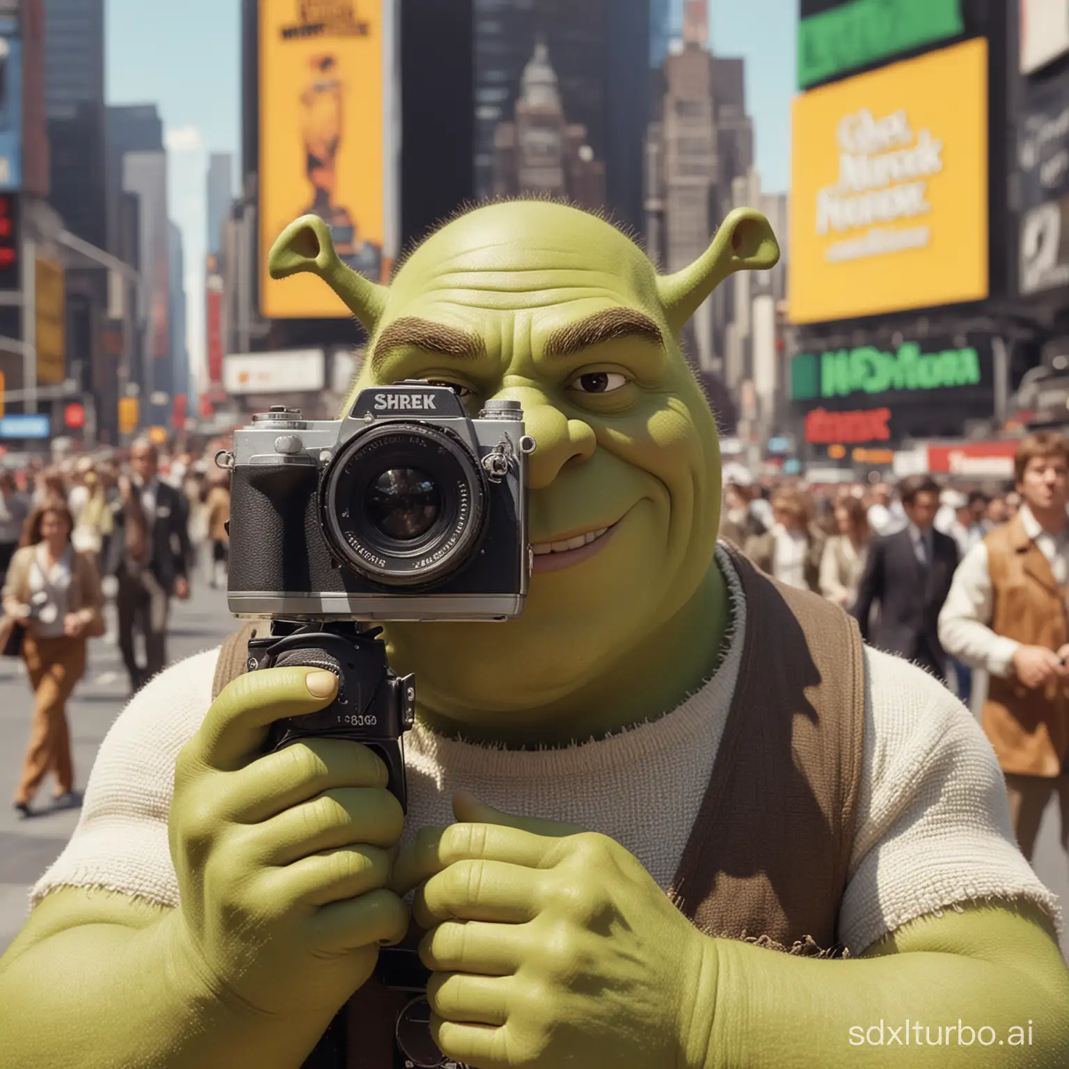 Shrek with Vintage Camera in Times Square on a Sunny 1980s Day | SDXL ...