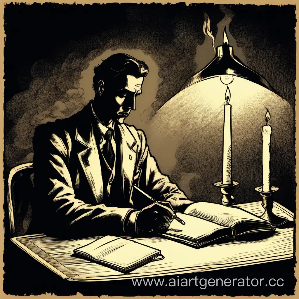 Человек с сигаретой сидит за столом и смотрит в тетрадь, дома темно, а человека и стол освещает свеча. Рисунок в стиле винтаж