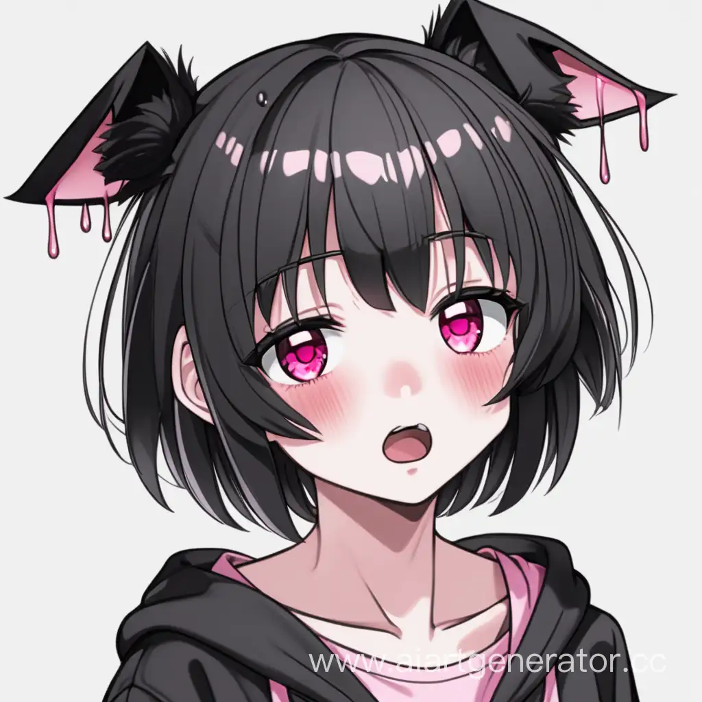 Нарисуй плачущую аниме девушку с чёрными короткими волосами, розовыми глазами и чёрными ушками