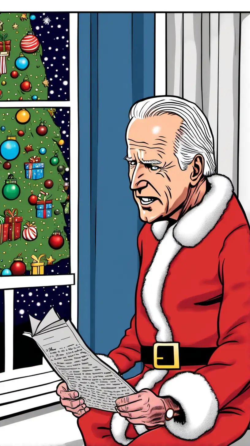 cartoon joe biden in a santa suit reading  twas the night before christmas