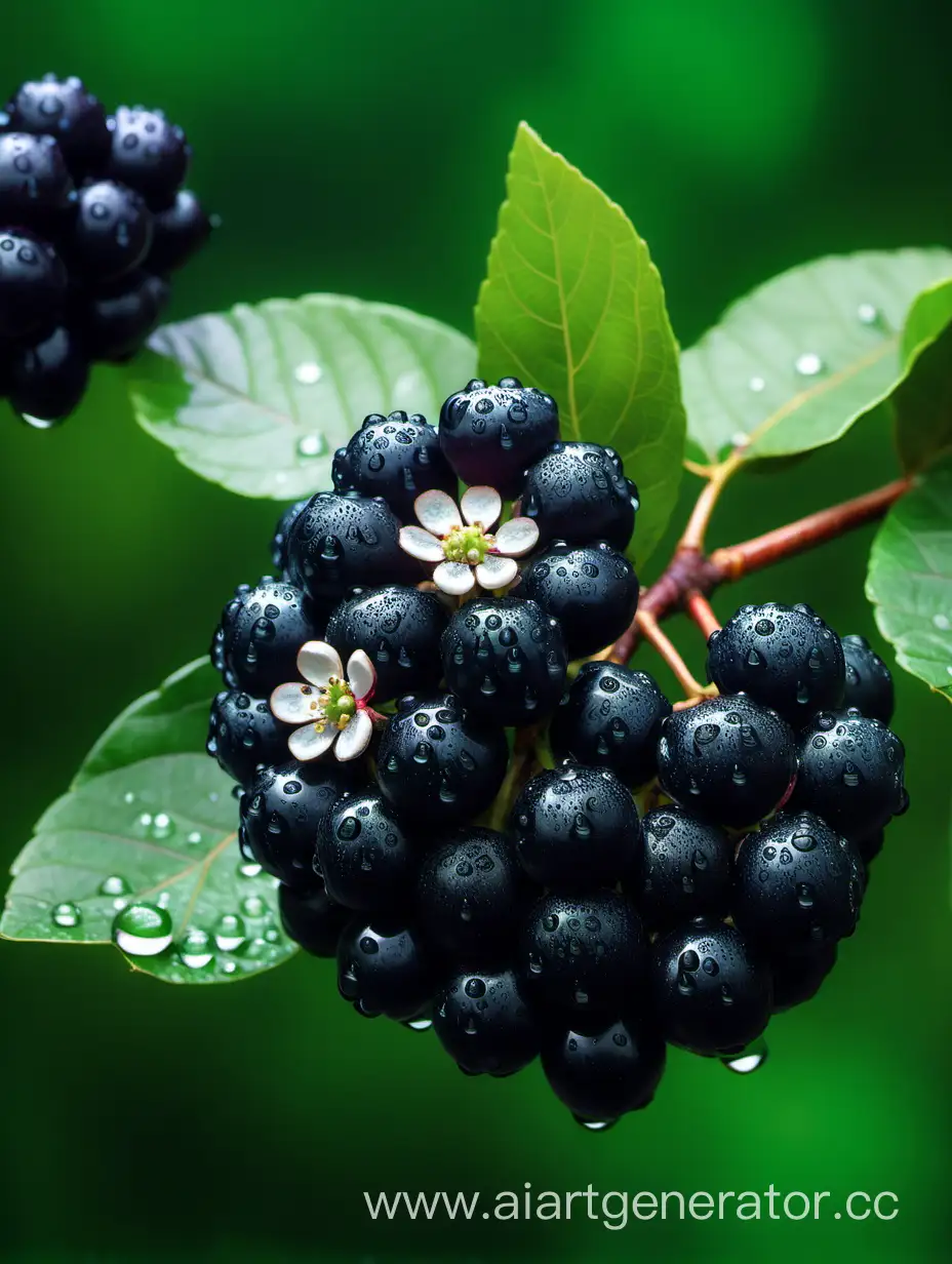 Aronia-Fruit-with-Dew-Drops-on-Dark-Green-Background