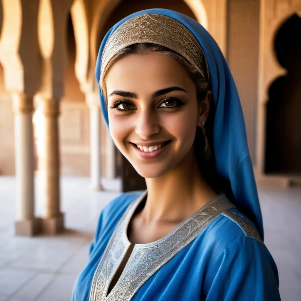 A very beautiful woman her age is 25 who lived in the year 1000 AD in the Arabian Peninsula. She has prim features, smiles, and wears an old blue Arab dress. in old palace. 