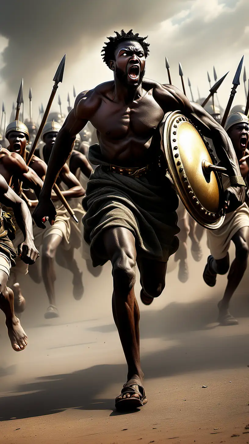 Black David and Goliath army fleeing


